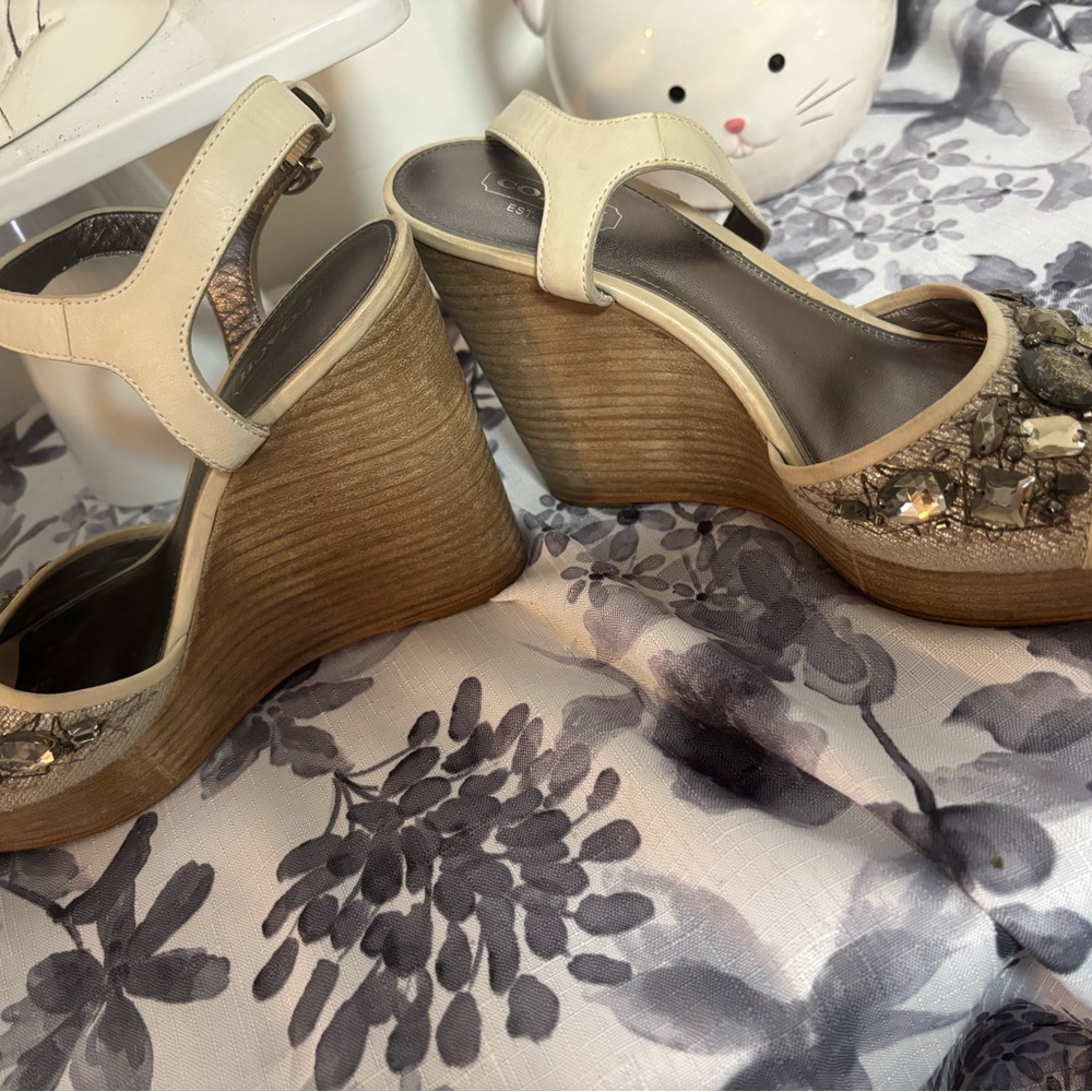 Elegant Cream Coach Wedge Sandals